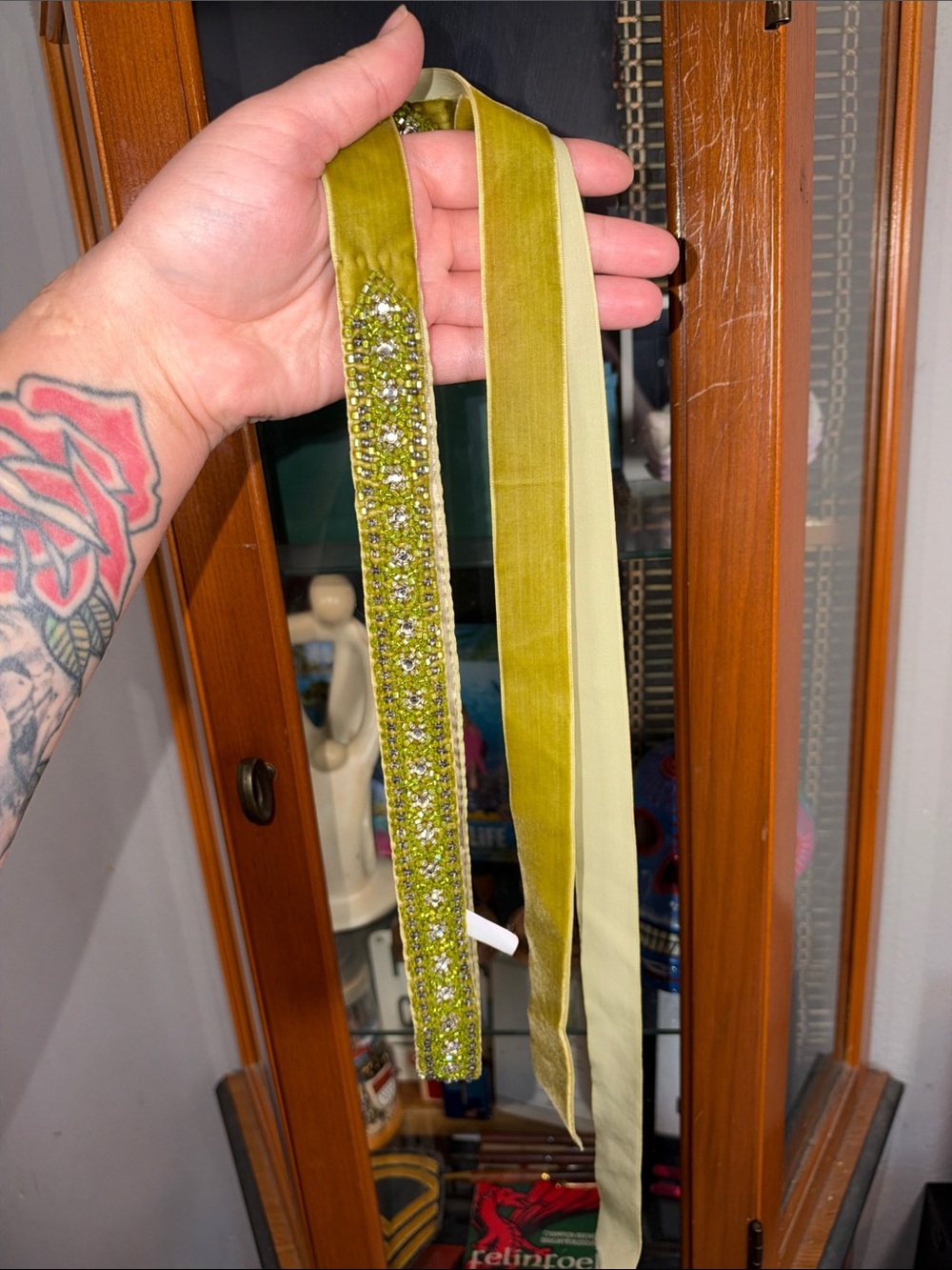 Embellished Olive Green Velvet Ribbon Belt